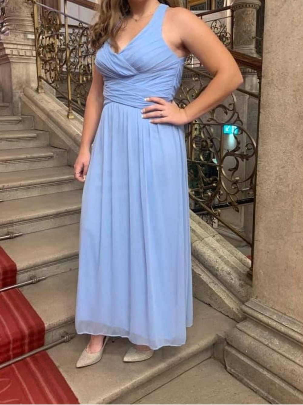 David's Bridal Light Blue Sleeveless V-Neck Maxi Dress